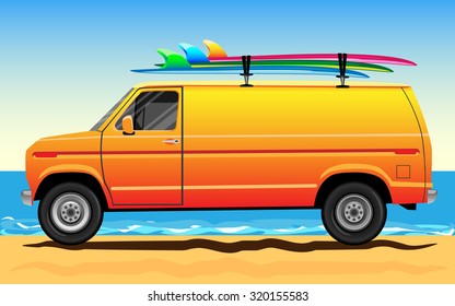 Detailed van on the beach with surfboards on the roof. Vector illustration.