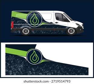 Gráficos detallados de envoltura de furgonetas que muestran un logotipo de gotas de agua con un llamativo esquema de colores verde y azul.
