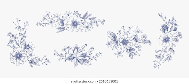 Detailed various flowers and foliage in boutonniere or bouquet, intricate details and delicate forms. Hand drawn vector decoration for wedding invitation, save the date card.