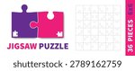 Detailed various shapes puzzle grid. Jigsaw puzzle blank template. 6x6 shapes, 36 pieces. Separate matching puzzle elements. Vector illustration