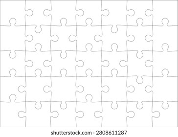 Detailed various shapes puzzle grid overlay. Jigsaw puzzle blank template. 7x5 shapes, 35 pieces. Separate matching puzzle elements. Vector png