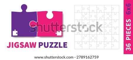 Detailed various shapes puzzle grid. Jigsaw puzzle blank template. 6x6 shapes, 36 pieces. Separate matching puzzle elements. Vector illustration