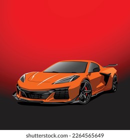 Detailed Vecor Orange Sport Car with Black Red Gradient Background