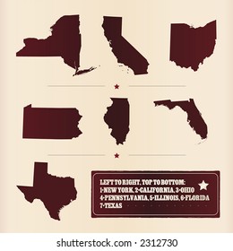 Detailed vector of 7 most populous USA states with a grungy frame. More states: image no. 3028055.