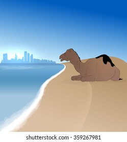 Detailed vector Abu Dhabi silhouette skyline with single camel