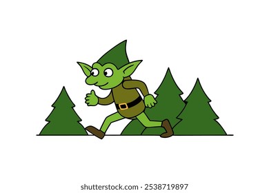 A detailed vector art illustration of a mischievous goblin sneaking through a dark, eerie forest. Perfect for fantasy, Halloween, or mythical themed projects