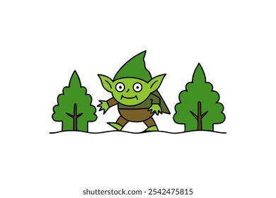 Uma ilustração de arte vetorial detalhada de um goblin travesso escapando por uma floresta escura e misteriosa. Perfeito para fantasia, Halloween ou projetos temáticos míticos