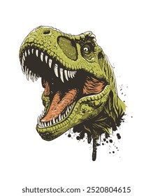 Arte vectorial detallado de la cabeza rugiente del dinosaurio con salpicaduras de pintura y goteos. Aislado en blanco. Perfecto para estampados, prendas y emblemas. Estilo grunge de alto contraste.