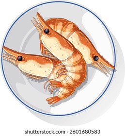 Detailed vector art of two shrimp on a white plate with realistic shading and vibrant colors