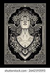 Detailed vector art of a weeping woman with a third eye, flowers, wings, and decorative border.
