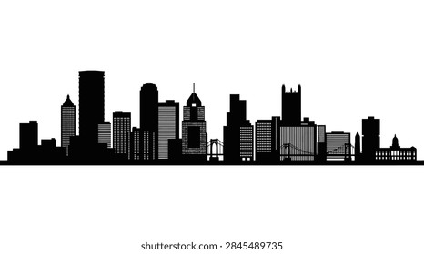 Detailed vector artwork capturing the panoramic vista of the Pittsburgh skyline. The illustration showcases the urban architectural landscape, iconic river bridges, and downtown office buildings reflecting on the water surface during a clear day.