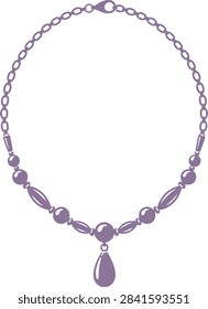 Detailed vector artwork of classic bead necklace. Purple beaded chain jewelry with elegant hanging teardrop pendant.