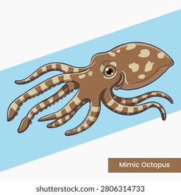Detailed vector artwork of a mimic octopus with unique striped patterns. Ideal for marine biology guides, aquarium displays, and educational aquatic animal collections.