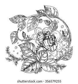 Detailed vector background from fantasy flowers graphically black and white