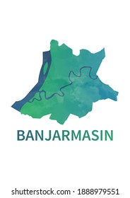 Detailed Vector Banjarmasin Map in Watercolor Style on White Background. Side View