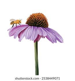 Detailed vector of a bee on a flower, perfect for nature, garden, and pollination themes. Ideal for educational, environmental, and decorative projects.

