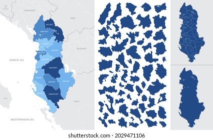 Detailed, vector, blue map of Albania with administrative divisions country
