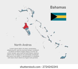 Mapa azul de Vector detallado de Bahamas divide en regiones - Distrito de Andros Norte. Mapa de Plantilla para el fondo, patrón, informe, infografía. Parte administrativa del país caribeño dividida en regiones