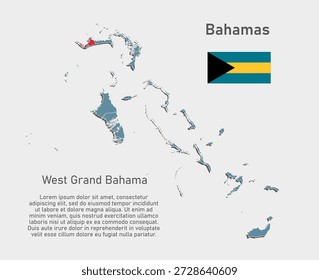 Mapa azul de Vector detallado Bahamas divide en regiones - Distrito de Gran Bahama Oeste. Mapa de Plantilla para el fondo, patrón, informe, infografía. Parte administrativa del país caribeño dividida en regiones