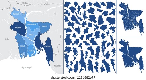Detailed, vector, blue map of bangladesh with administrative divisions country