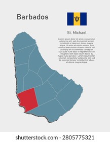 Detailed vector blue map of Barbados divide on regions - St. Michael District. Template map for background, pattern, report, infographic. Administrative part of Caribbean country divided on regions