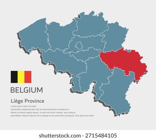 Mapa azul detallado del Vector de Bélgica divide en regiones - Provincia de Lieja. Mapa de Plantilla para el fondo, patrón, informe, infografía. Parte administrativa de Europa país Bélgica dividido en regiones