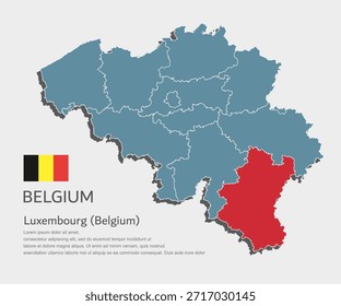 Mapa azul detallado del Vector de Bélgica divide en regiones - Provincia de Luxemburgo. Mapa de Plantilla para el fondo, patrón, informe, infografía. Parte administrativa de Europa país Bélgica dividido en regiones