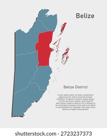 Mapa azul detallado del Vector de Belize divide en regiones - Distrito de Belize. Mapa de Plantilla para el fondo, patrón, informe, infografía. Parte administrativa del país caribeño dividida en regiones