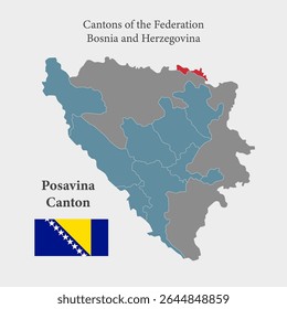 Detailed vector blue map Bosnia Herzegovina divide into cantons - Posavina Canton. Template map for background, pattern infographic. Administrative part of Europe country divided on regions