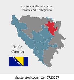 Detailed vector blue map Bosnia Herzegovina divide into cantons - Tuzla Canton. Template map for background, pattern infographic. Administrative part of Europe country divided on regions