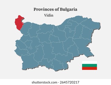 Detalhado vetor mapa azul da Bulgária divide em regiões - Província de Vidin. Mapa de modelo para plano de fundo, padrão, relatório, infográfico. Parte administrativa do país Europa Bulgária dividida por regiões
