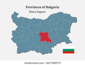 Detailed vector blue map of Bulgaria divide on regions - Stara Zagora Province. Template map for background, pattern, report, infographic. Administrative part of Europe country divided on regions