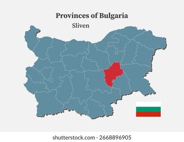 Mapa detalhado de vetor azul da Bulgária divide em regiões - Sliven Province. Mapa de modelo para plano de fundo, padrão, relatório, infográfico. Parte administrativa do país europeu dividida por regiões