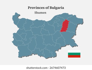 Mapa detalhado do vetor azul da Bulgária divide-se em regiões - Província de Shumen. Mapa de modelo para plano de fundo, padrão, relatório, infográfico. Parte administrativa do país europeu dividida por regiões