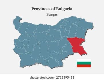 Mapa azul detallado del Vector de Bulgaria divide en regiones, Provincia de Burgas. Mapa de Plantilla para el fondo, patrón, informe, infografía. Parte administrativa de Europa país Bulgaria dividido en regiones