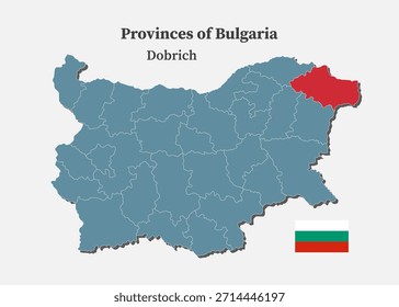 Mapa azul detallado del Vector de Bulgaria divide en regiones, Provincia de Dobrich. Mapa de Plantilla para el fondo, patrón, informe, infografía. Parte administrativa de Europa país Bulgaria dividido en regiones