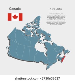 Detailed vector blue map of Canada divide on regions - Nova Scotia Province. Template map for background, pattern, report, infographic. Administrative part of American country divided on regions