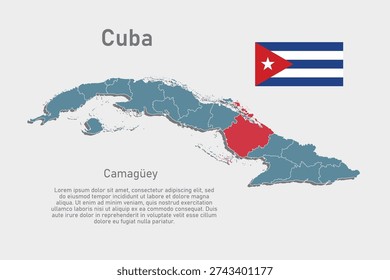 Detailed vector blue map of Cuba divide on regions - Camaguey Province. Template map for background, pattern, report, infographic. Administrative part of Caribbean country divided on regions