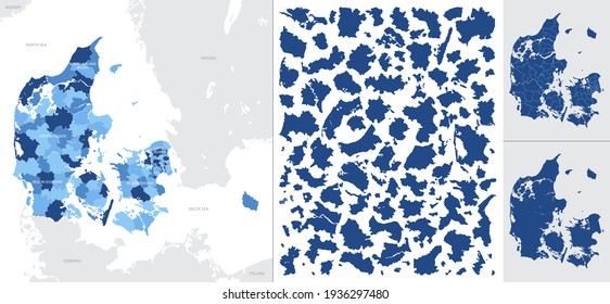 Detailed, vector, blue map of Denmark with administrative divisions into regions country