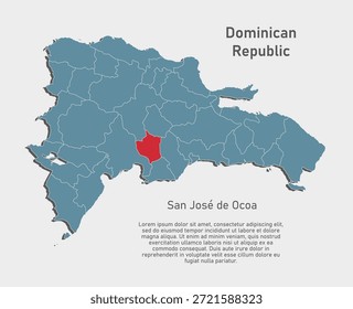 Mapa azul detallado del Vector República Dominicana divide en regiones - San Jose de Ocoa. Mapa de Plantilla para el fondo, patrón, informe, infografía. Parte administrativa del país caribeño dividida en regiones