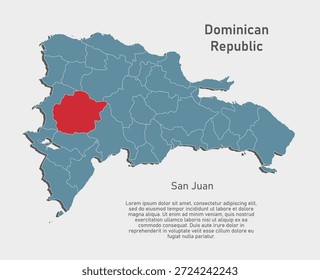 Mapa azul detallado del Vector de República Dominicana divide en regiones - San Juan. Mapa de Plantilla para el fondo, patrón, informe, infografía. Parte administrativa del país caribeño dividida en regiones