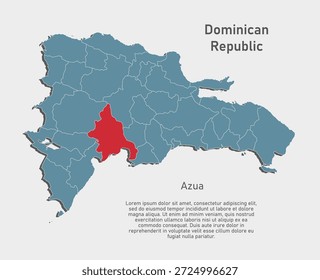 Detailed vector blue map of Dominican Republic divide on regions - Azua Province. Template map for background, pattern, report, infographic. Administrative part of Caribbean country divided on regions