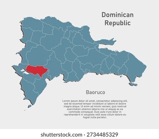 Mapa azul de Vector detallado para República Dominicana divide regiones - Baoruco Province. Mapa de Plantilla para fondo, patrón, informe, infografía. Parte administrativa del país caribeño dividida en regiones