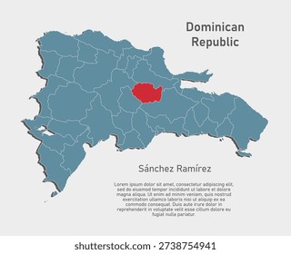 Detailed vector blue map Dominican Republic divide on regions - Sanchez Ramirez. Template map for background, pattern, report, infographic. Administrative part of Caribbean country divided on regions
