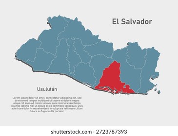 Mapa azul detallado del Vector de El Salvador dividir en regiones - Usulutan Department. Mapa de Plantilla para el fondo, patrón, informe, infografía. Parte administrativa del país americano dividida en regiones