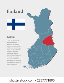 Detailed vector blue map Finland - region Kainuu divide on departments. Template map for background, pattern, report, infographic. Administrative part of Europe country Finland divided on regions