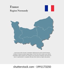 Detallado mapa azul vectorial Región francesa Normandía divide en departamentos. Plantilla para fondo, patrón, informe, infografía. Sencilla parte administrativa del país del mapa Francia