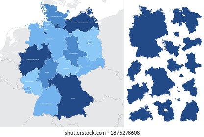 Detailed vector blue map of Germany with administrative divisions into lands and regions of the country