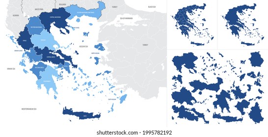 Detailed, vector, blue map of Greece with administrative divisions country svg