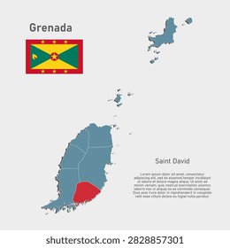 Detailed vector blue map of Grenada divide on regions - Saint David Parish. Template map for background, pattern, report, infographic. Administrative part of Caribbean country divided on regions